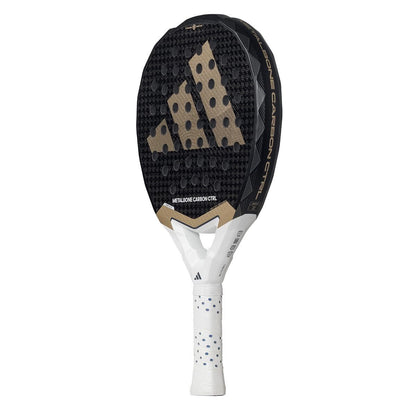 The adidas Metalbone Carbon CTRL 3.4 Padel Racket features a black and gold design with a white handle and black polka dots, plus a prominent adidas logo—perfect for advanced players seeking top performance.