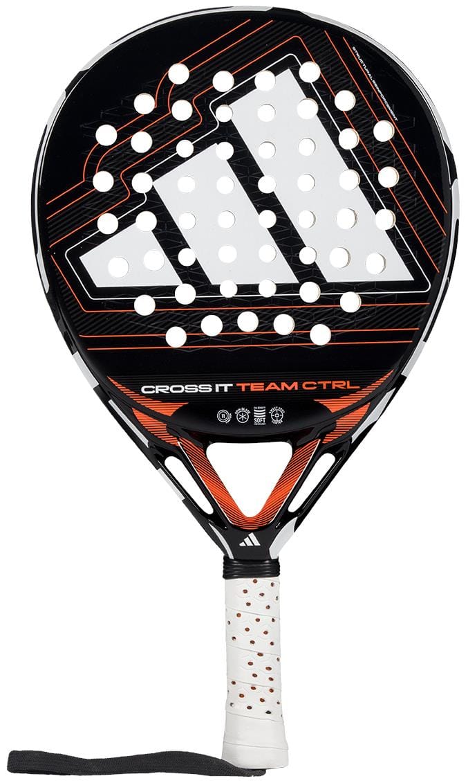 Introducing the adidas Cross It Team Ctrl 2026 Padel Racket: a black and red fibreglass racket with a white grip, circular holes on the face, and "CROSS IT TEAM CTRL" printed near the handle.