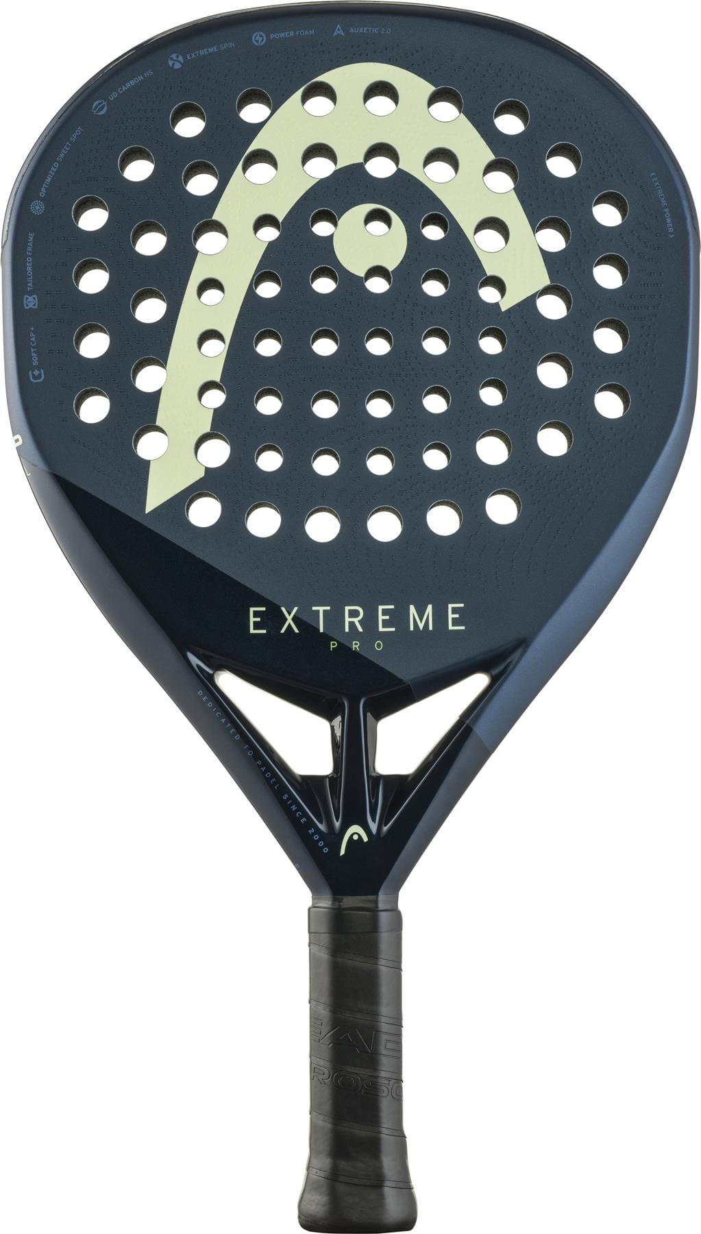The HEAD Extreme Pro 2025 Padel Racket by HEAD is black and yellow, featuring a perforated face, logo design, and textured grip handle.