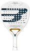 The Bullpadel Pearl 2026 Padel Racket features a large black "B" logo, round holes, "Pearl" branding at the top, and a white grip tape handle for reduced arm fatigue. This lightweight racket comes in sleek white from Bullpadel.