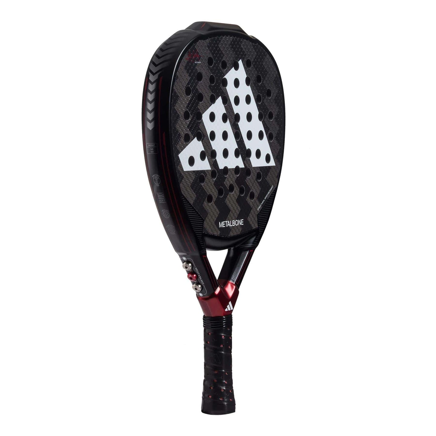 The adidas Metalbone 3.3 Padel Racket features a black and red design with a large white adidas logo and round holes on the paddle face, offering advanced performance for precision play.