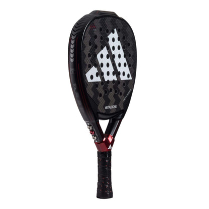 The adidas Metalbone 3.3 Padel Racket features a black and red design with a large white adidas logo and round holes on the paddle face, offering advanced performance for precision play.