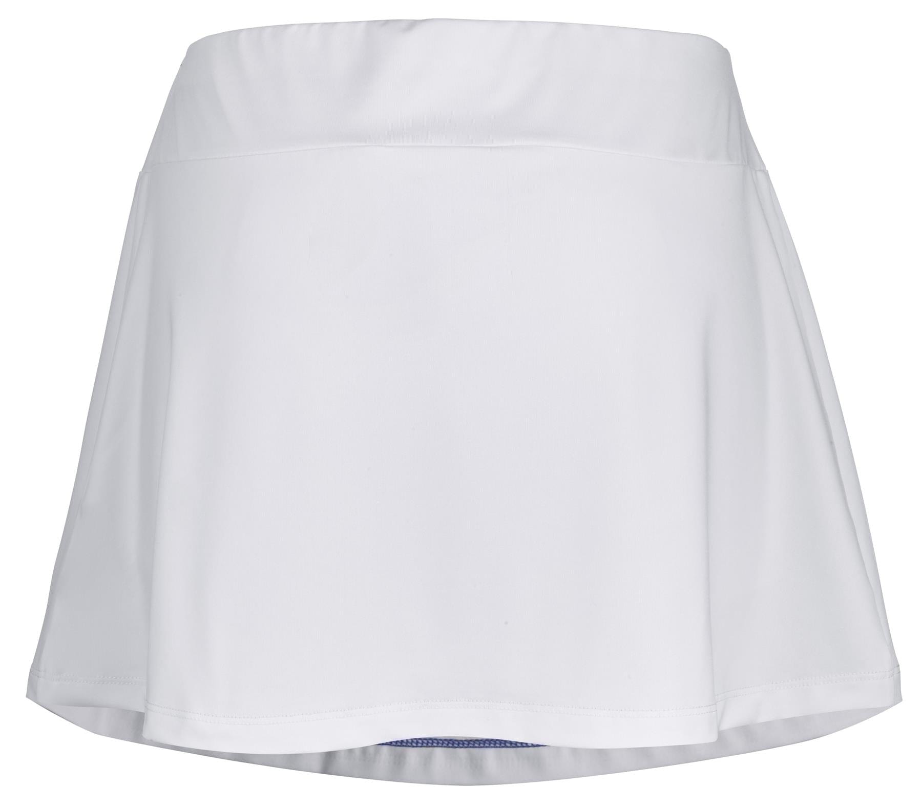 The Babolat Play Women's Padel Skirt in white boasts a flared design and an elastic waistband, providing 360 Motion for easy movement. Made with Fiber Dry technology, it offers comfort and breathability, making it ideal for the active athlete when viewed from the front.