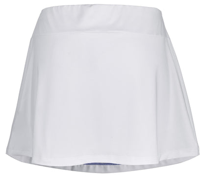 The Babolat Play Women's Padel Skirt in white boasts a flared design and an elastic waistband, providing 360 Motion for easy movement. Made with Fiber Dry technology, it offers comfort and breathability, making it ideal for the active athlete when viewed from the front.