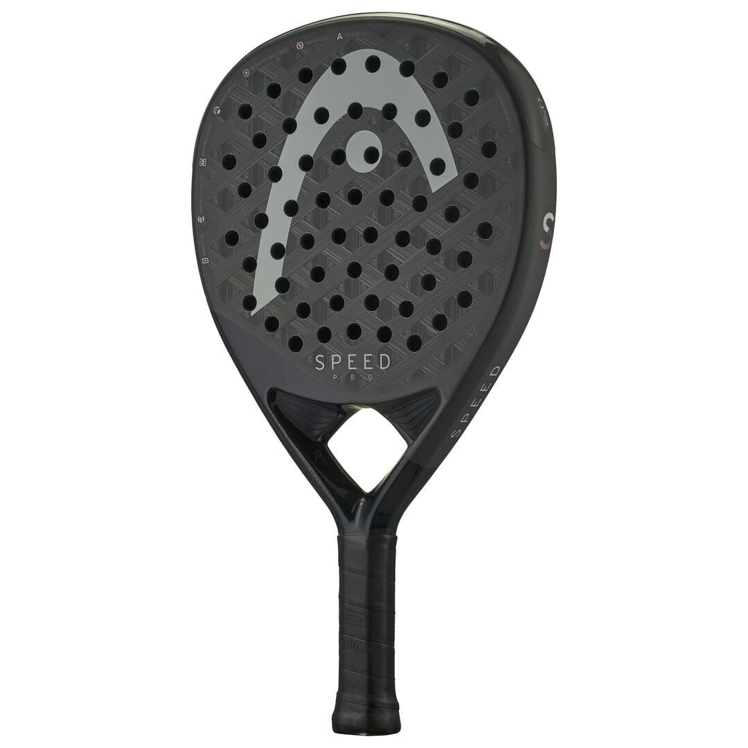 The HEAD Speed Pro 2025 Padel Racket by HEAD is black with a perforated face, features the gray HEAD logo and "SPEED" at the center, includes Auxetic 2.0 technology for better performance, and has a handle wrapped in black grip tape.