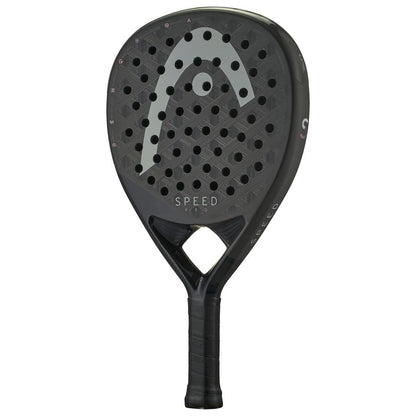 The HEAD Speed Pro 2025 Padel Racket by HEAD is black with a perforated face, features the gray HEAD logo and "SPEED" at the center, includes Auxetic 2.0 technology for better performance, and has a handle wrapped in black grip tape.
