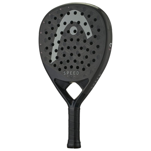 The HEAD Speed Pro 2025 Padel Racket by HEAD is black with a perforated face, features the gray HEAD logo and "SPEED" at the center, includes Auxetic 2.0 technology for better performance, and has a handle wrapped in black grip tape.