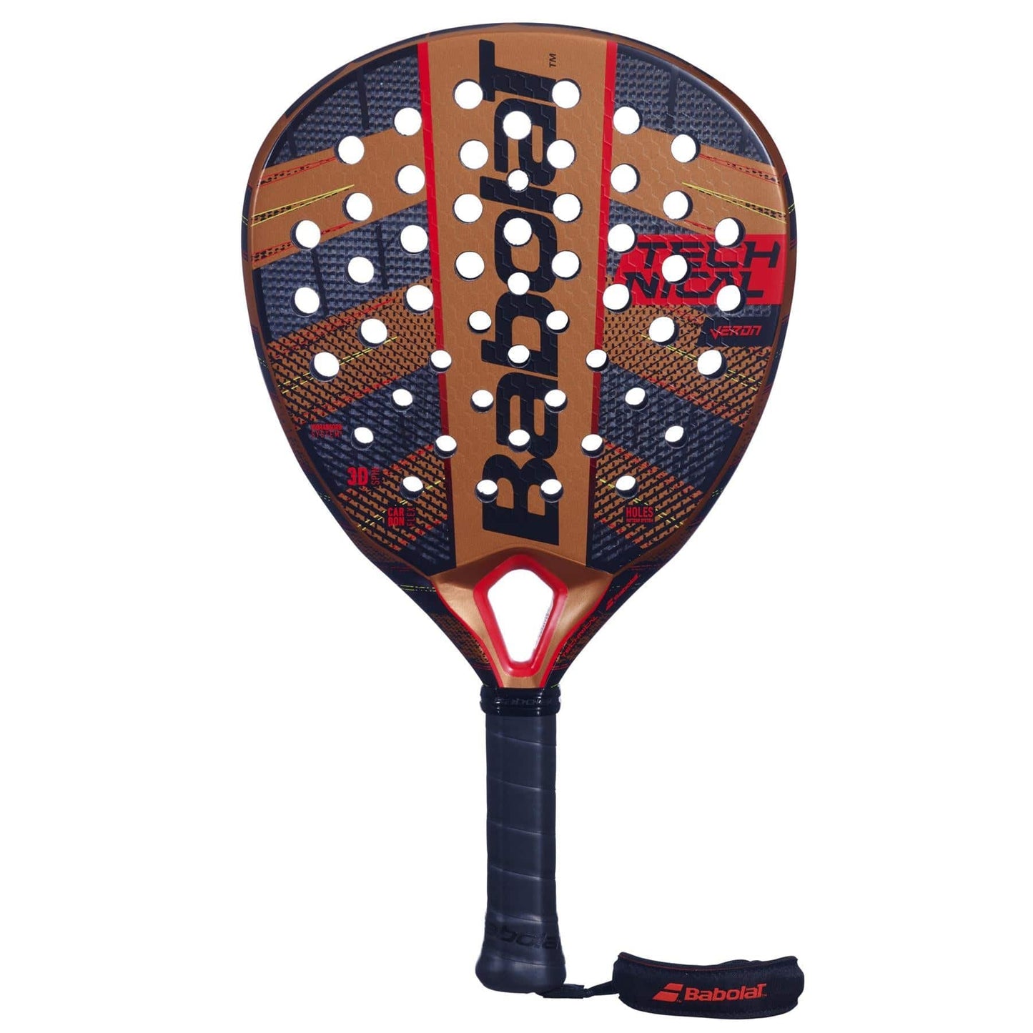 The Babolat Technical Veron Padel Racket by Babolat features a black, red, and gold design, carbon flex technology for power and precision, multiple face holes, a black grip, and a branded wrist strap.