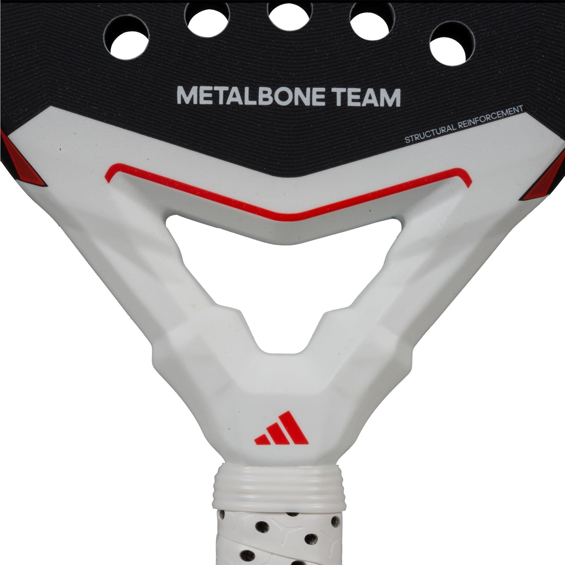 Close-up of the adidas Metalbone Team 3.4 padel racket, displaying "METALBONE TEAM" and "STRUCTURAL REINFORCEMENT" text. Black and white with red accents, it’s ideal for aggressive play—the adidas logo sits above the handle.