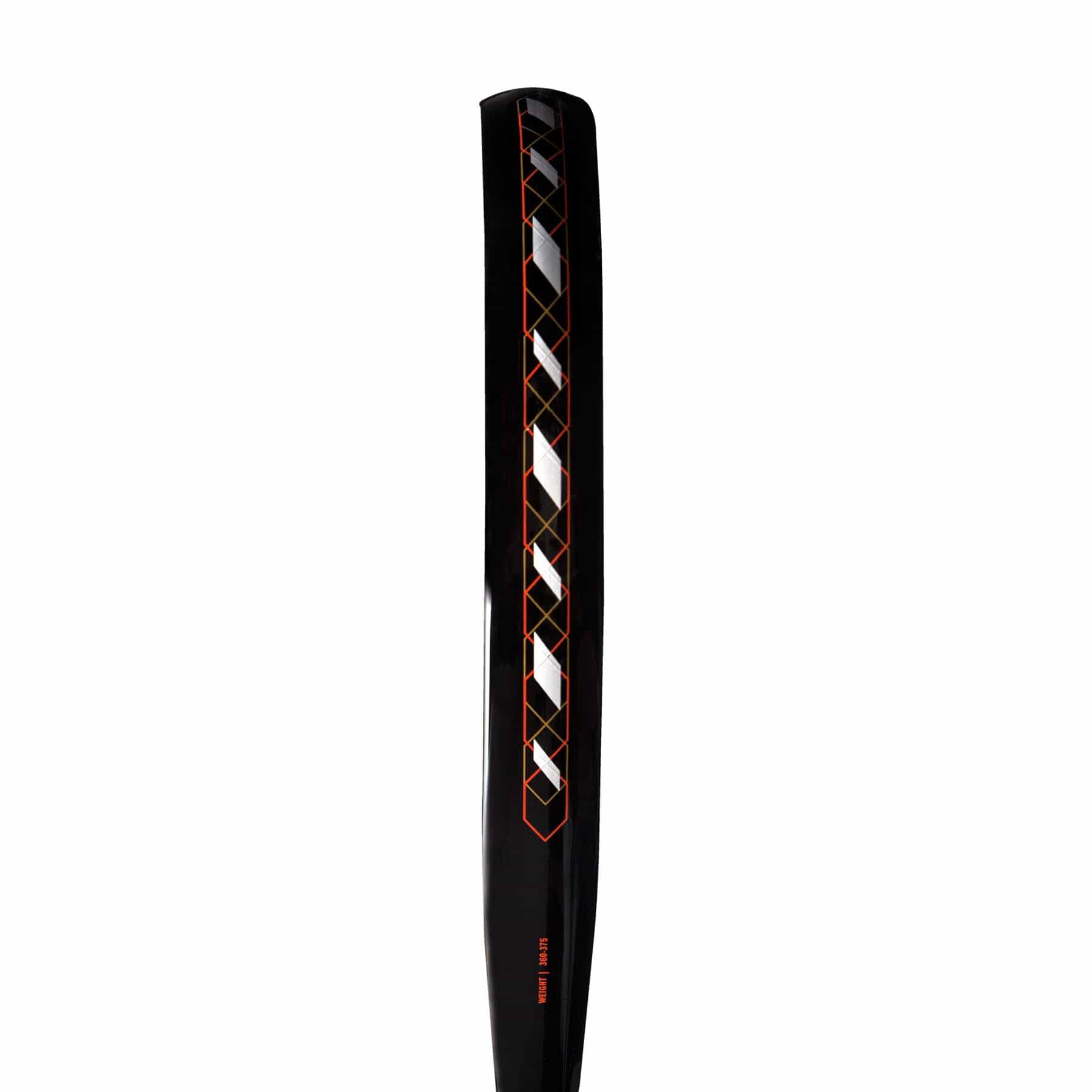 A close-up of the adidas Match Black 3.4 Padel Racket shows its bold red-and-white geometric diamond pattern on the back, making it ideal for beginner padel players.
