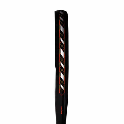 A close-up of the adidas Match Black 3.4 Padel Racket shows its bold red-and-white geometric diamond pattern on the back, making it ideal for beginner padel players.