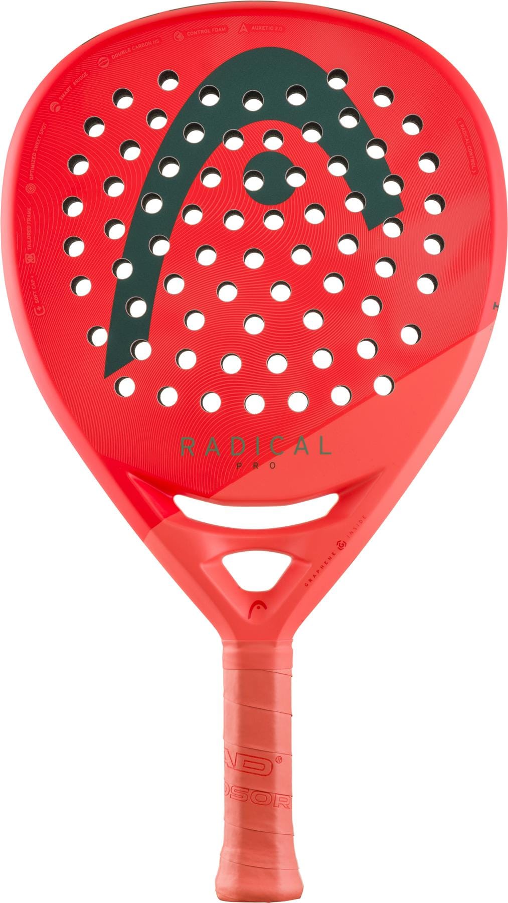 The HEAD Radical Pro 2026 Padel Racket features a red design with a black logo, circular holes, and "RADICAL" on the face, delivering control and precision plus a wrapped grip handle.