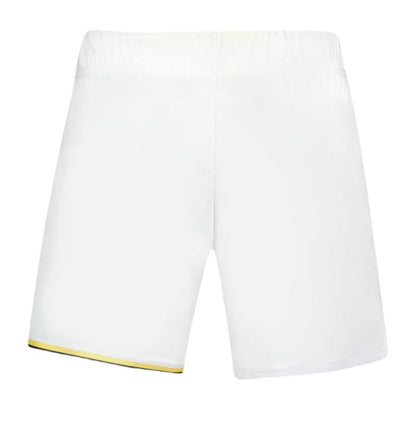 Introducing the Le Coq Sportif Pro Mens Padel Shorts in Optical White, designed specifically for padel enthusiasts. These athletic shorts feature breathable fabric, an elastic waistband, and a subtle yellow accent on the edge of one leg. The product is showcased against a plain white background.