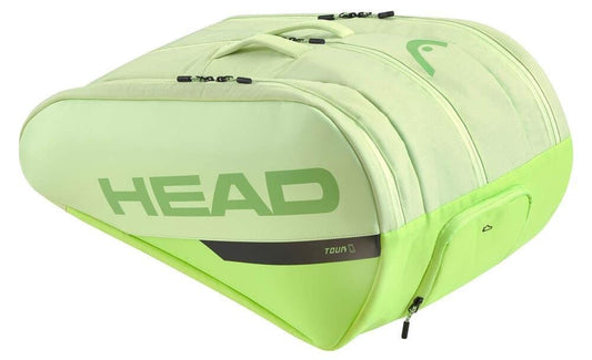 The HEAD Tour Padel Racket Bag L - SG is a light green bag with multiple compartments, black zippers, and a bold HEAD logo. It features climate control technology to protect your gear.