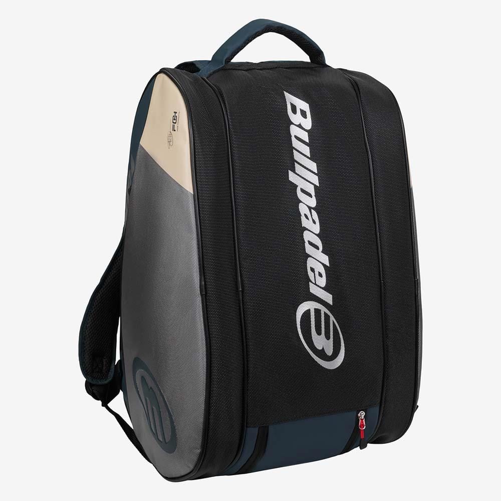 The Bullpadel BPP26017 Neuron Padel Racket Bag in grey features black and grey design, a top handle, zippered compartments, padded shoulder straps for comfort, and the Bullpadel logo in white. Inspired by Fede Chingotto.