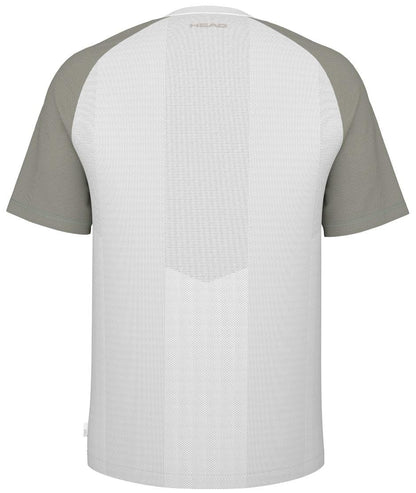 The HEAD Performance Mens Padel T-Shirt - XPWG boasts a white mesh body, short olive-green sleeves, and body-mapping tech on the back for ventilation, featuring a subtle brand logo near the collar.