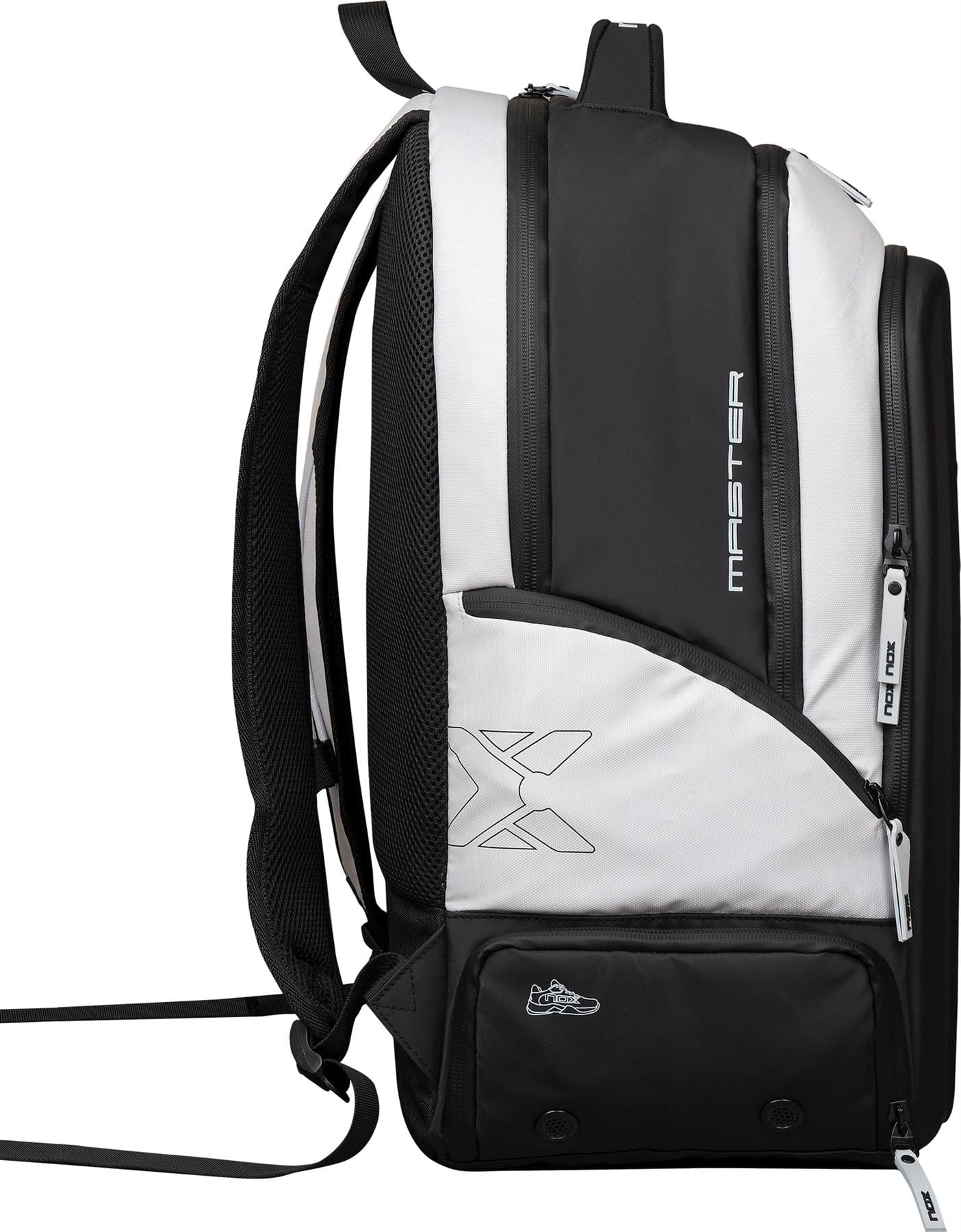 The NOX Luxury Master Series Padel Backpack - Black / White by NOX is shown from the side, displaying padded shoulder straps, several zippered compartments, and "MASTER" printed vertically—a stylish choice for padel or as a racket bag.