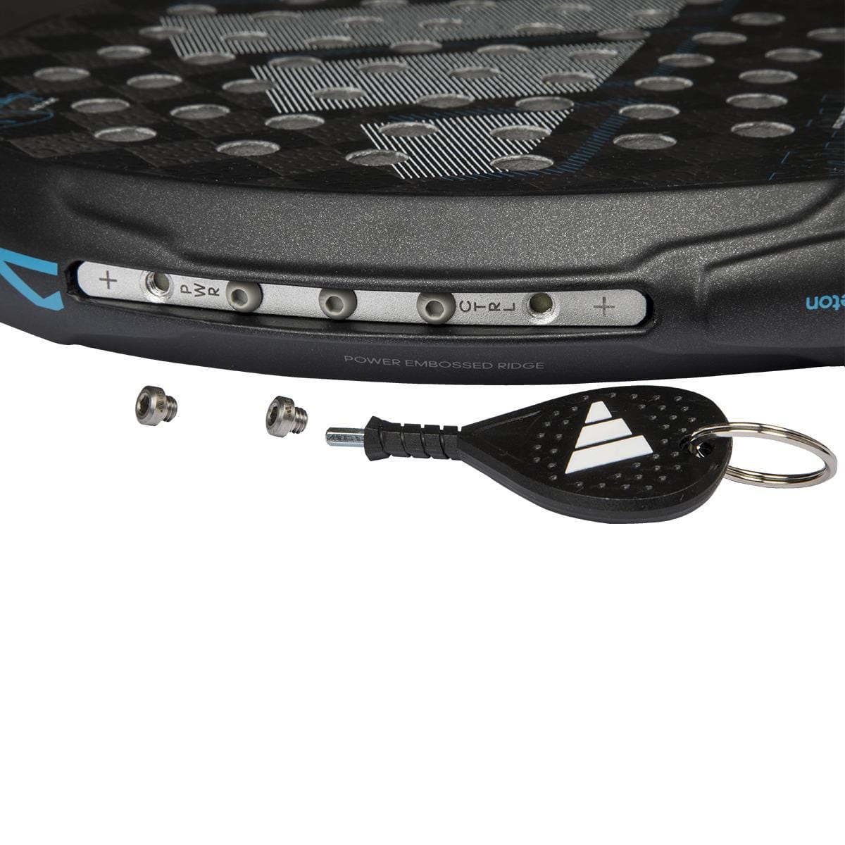 Close-up of the adidas ADIDAS Adipower Multiweight CTRL 3.4 Padel Racket with adjustable weight screws, two metal screws removed, and a branded key tool on a keyring next to the handle.