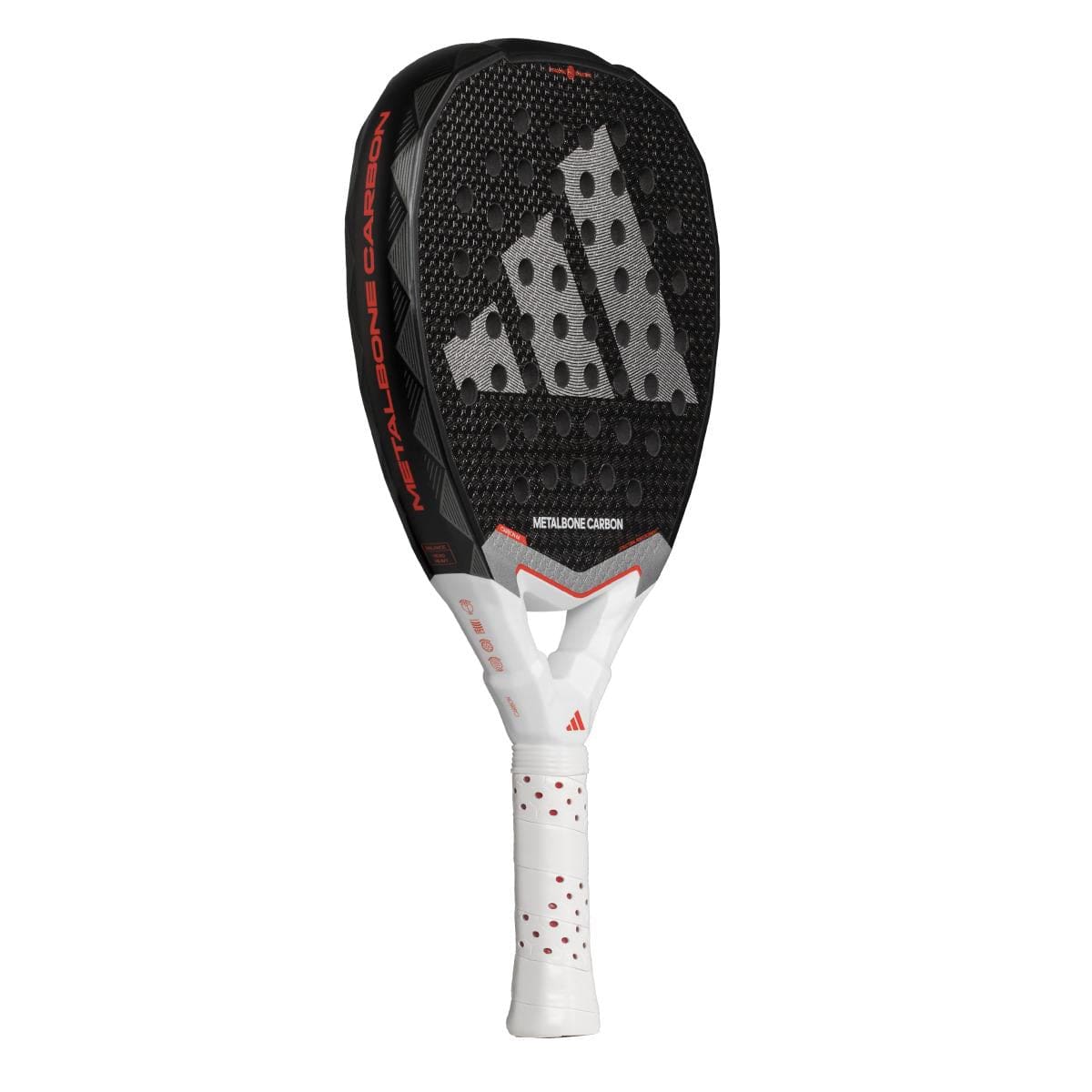 The adidas Metalbone Carbon 3.4 Padel Racket is black with a dotted grey adidas logo, red accents, and a white grip with red dots. “Metalbone Carbon” is on the side. Designed for advanced players.