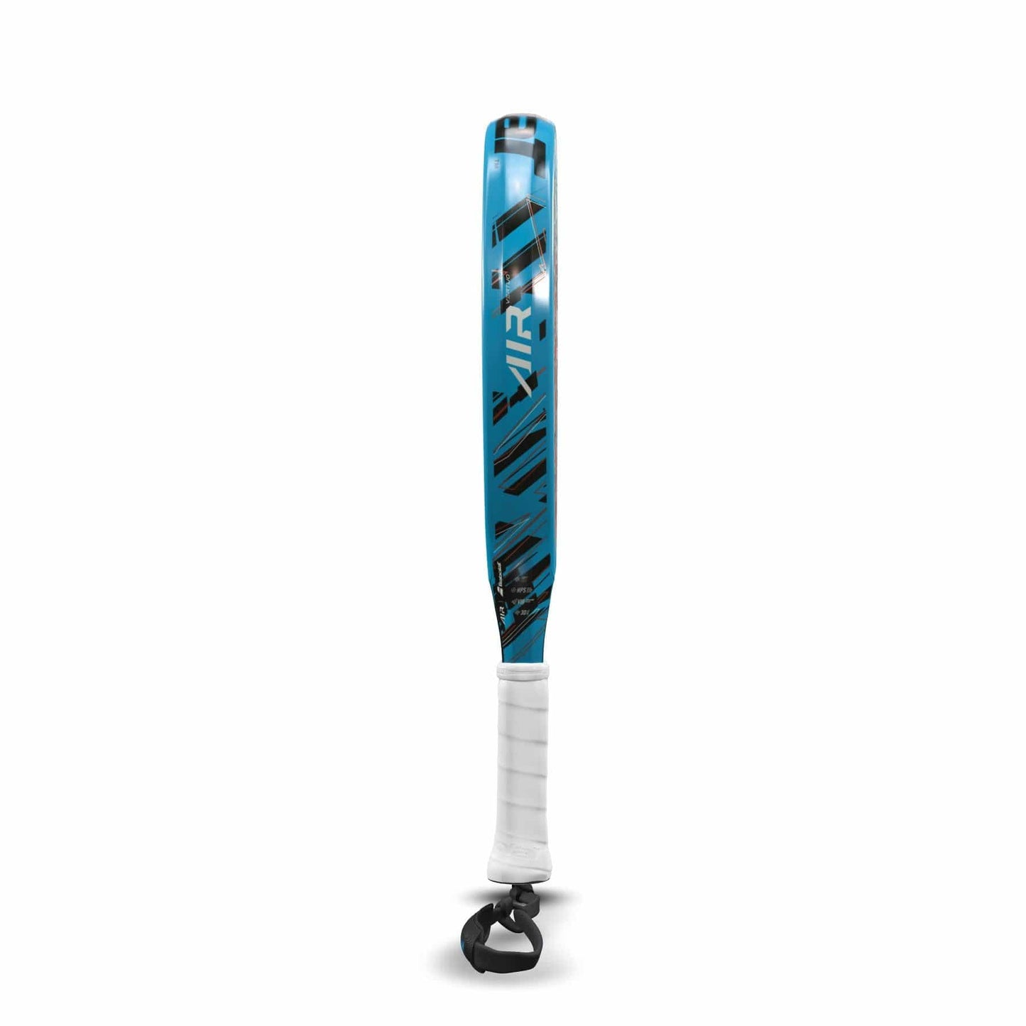 A Babolat Air Vertuo Padel Racket by Babolat stands vertically against a white background, featuring a sleek blue and black design with a white grip, echoing the signature style of Babolat’s lightweight rackets.