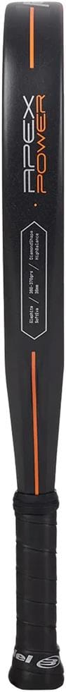The Bullpadel Apex Power 2025 Padel Racket features a black design with orange and white accents, "Power" text, specs for length and weight, and a black grip handle for enhanced performance.