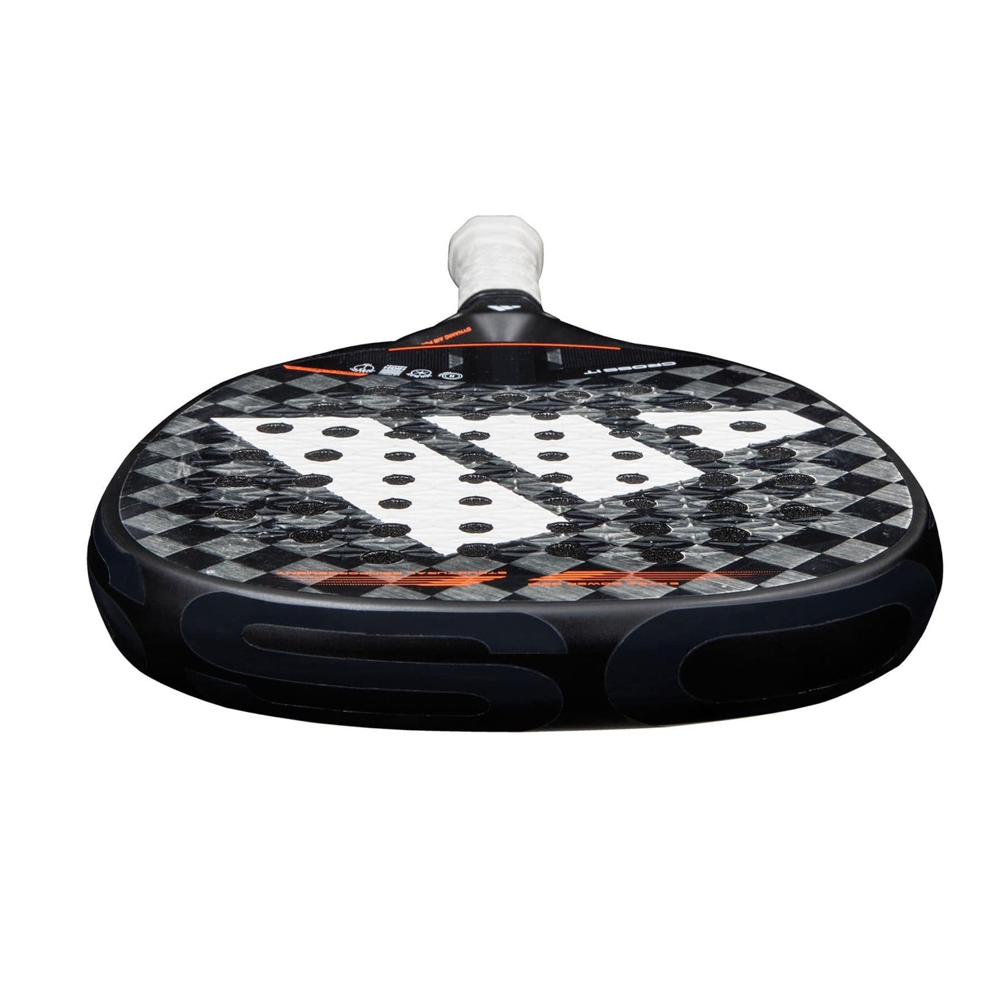 Close-up of the adidas Cross It 3.4 Padel Racket featuring a Carbon 15K face, diamond pattern, central holes, and white grip—ideal for aggressive players who want power and precision.