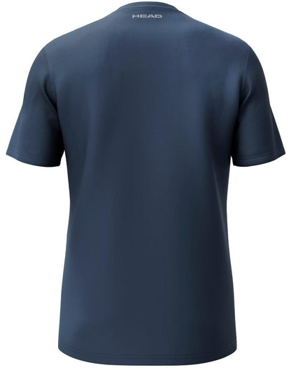 The HEAD Club Tech 25 Men's Padel T-Shirt in navy features a plain back with "HEAD" near the collar. Its Moisture Transfer Microfiber fabric offers enhanced breathability and comfort, making it smooth and slightly glossy—perfect for sports enthusiasts.