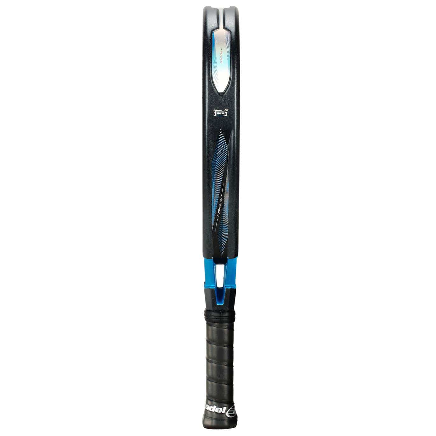 A side view of the Bullpadel Vertex 05 Comfort 2026 padel racket highlights its thin profile, black handle with a "Bullpadel" logo, and a frame in black and blue, featuring Fibrix fibre construction.