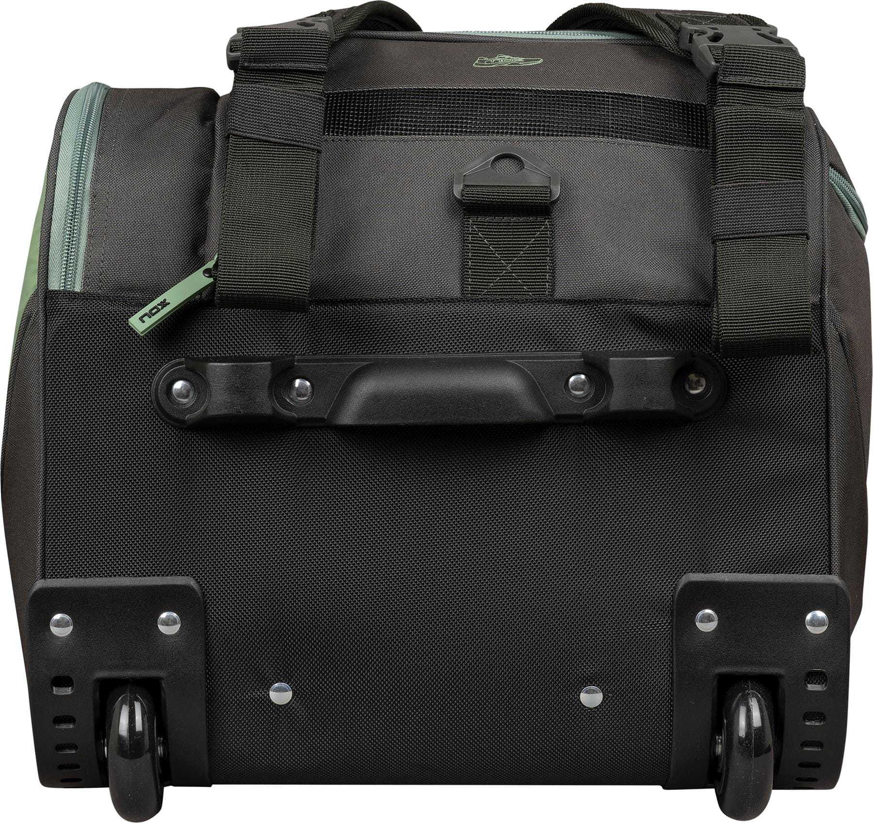 The NOX AT10 Competition Trolley Padel Racket Bag (Black/Green) by NOX is shown from the bottom, highlighting its two wheels, strong plastic handle, reinforced corners, and visible straps and zippers on the top and sides.