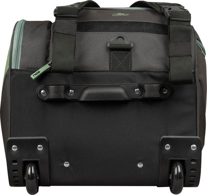 The NOX AT10 Competition Trolley Padel Racket Bag (Black/Green) by NOX is shown from the bottom, highlighting its two wheels, strong plastic handle, reinforced corners, and visible straps and zippers on the top and sides.