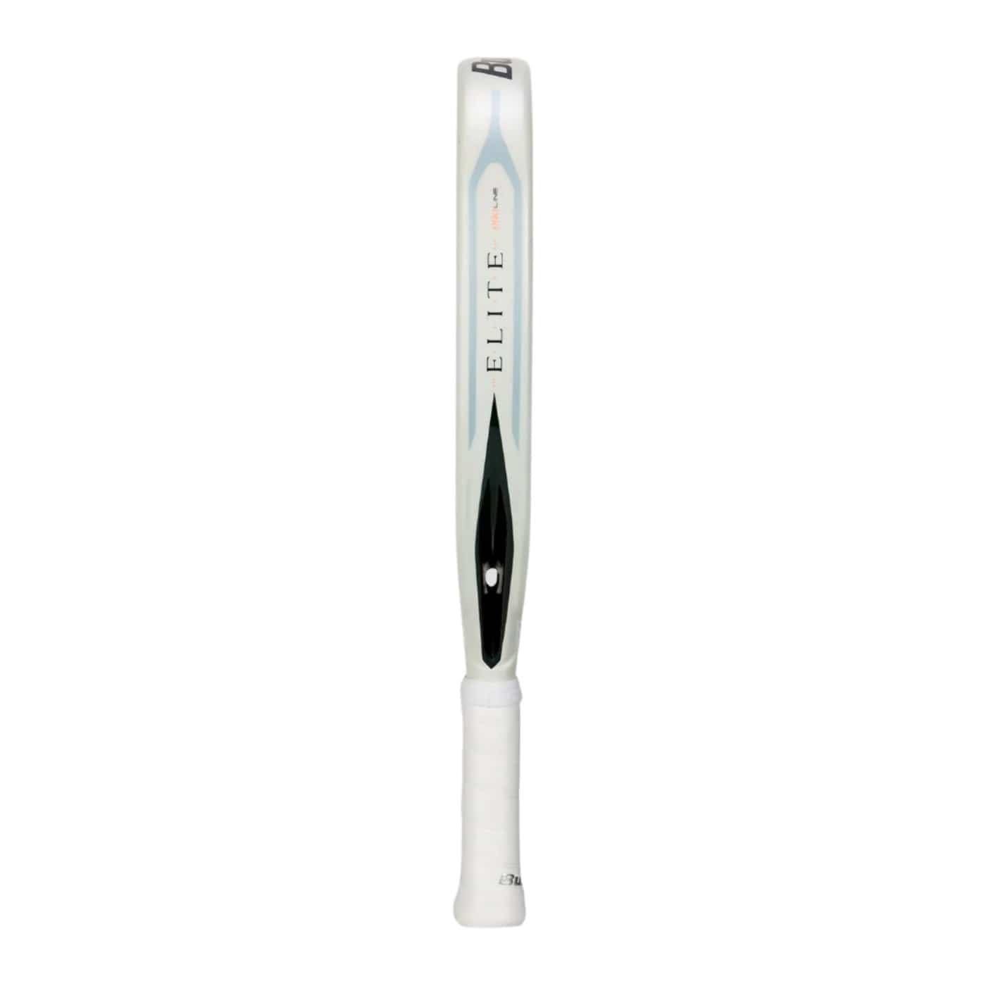 The Bullpadel Elite W 2025 Padel Racket, a white and silver model with black details and a white handle, is shown vertically—ideal for fans of Bullpadel's top designs.