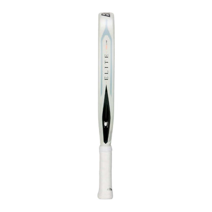 The Bullpadel Elite W 2025 Padel Racket, a white and silver model with black details and a white handle, is shown vertically—ideal for fans of Bullpadel's top designs.