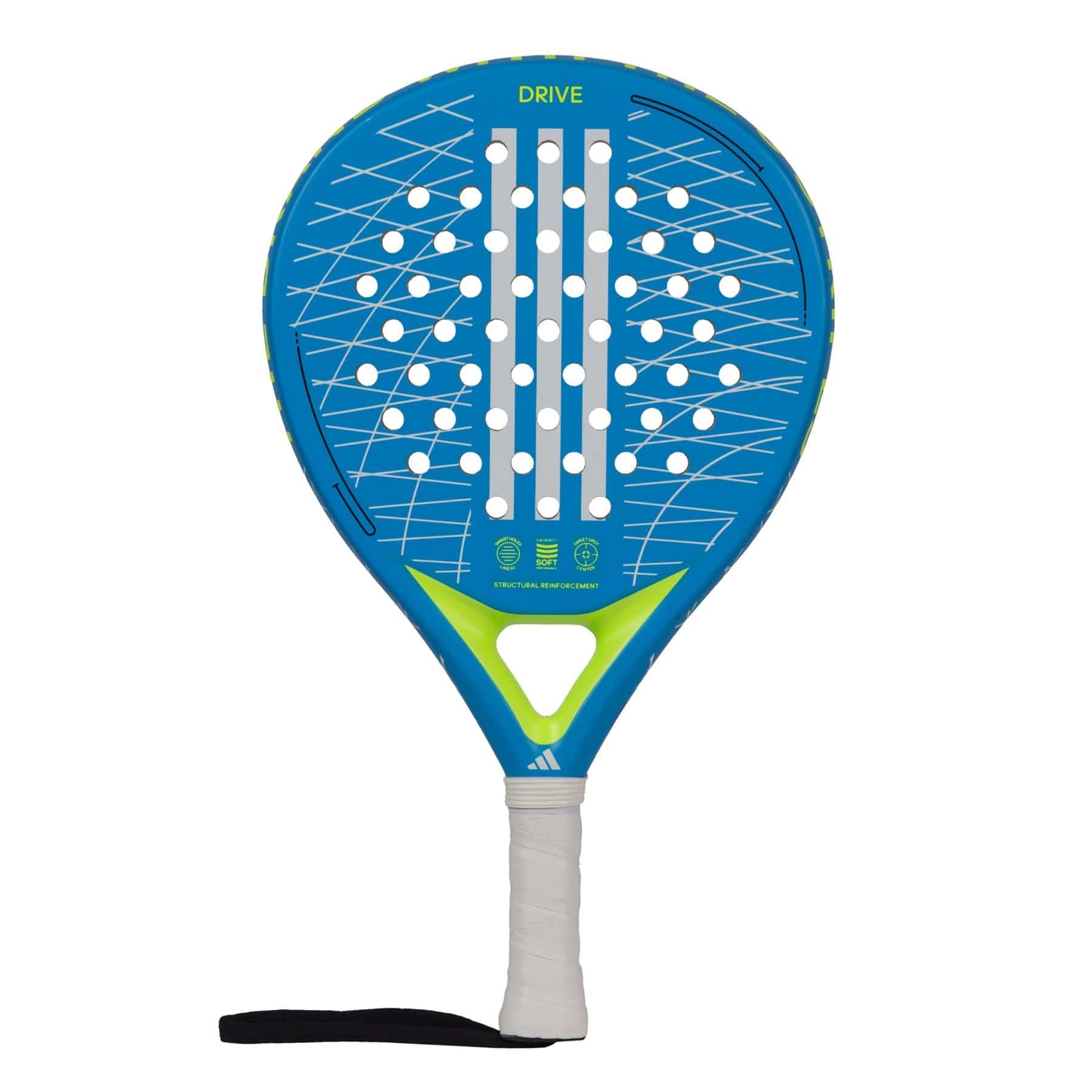 The adidas Drive 3.3 Blue Padel Racket features a blue and green design with white dots and lines, "DRIVE" at the top, a white handle, and a black wrist strap—ideal as a beginner padel racket.