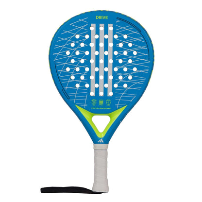 The adidas Drive 3.3 Blue Padel Racket features a blue and green design with white dots and lines, "DRIVE" at the top, a white handle, and a black wrist strap—ideal as a beginner padel racket.