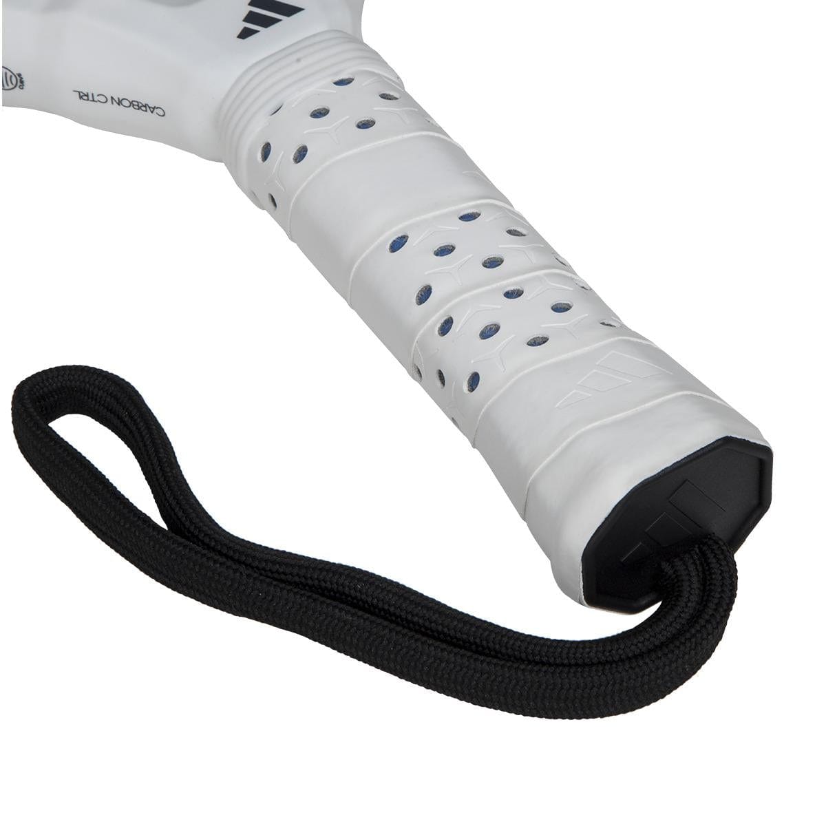 Close-up of the adidas Metalbone Carbon CTRL 3.4 Padel Racket handle, showing its textured grip, ventilation holes, and black wrist strap—perfect for advanced players seeking comfort and control.