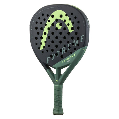 The HEAD Extreme Pro 2023 Padel Racket by HEAD features a black and green design, "EXTREME" branding, green grip tape, and multiple holes for aerodynamics—engineered to deliver extreme power on the court.