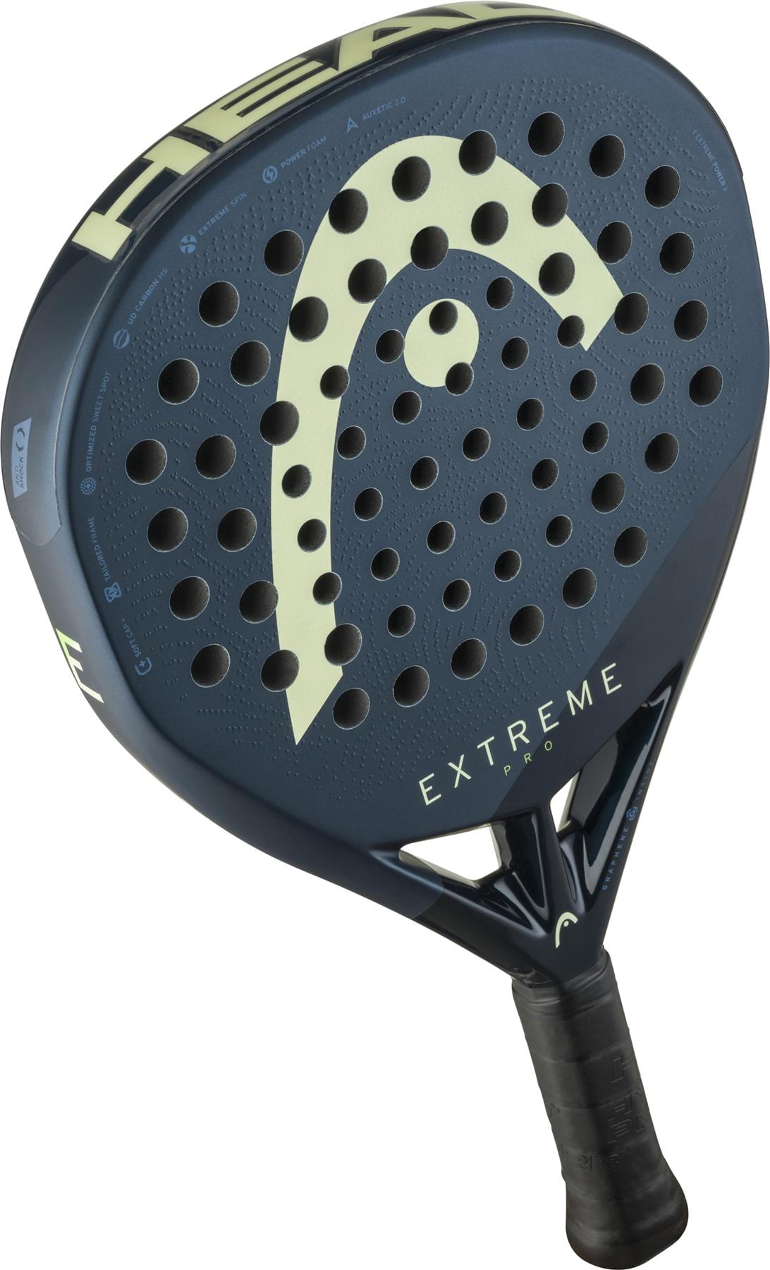 A close-up of the HEAD Extreme Pro 2025 Padel Racket by HEAD, featuring a dark blue design, black handle, circular holes on the surface, and light yellow branding that highlights this power racket’s sleek look.