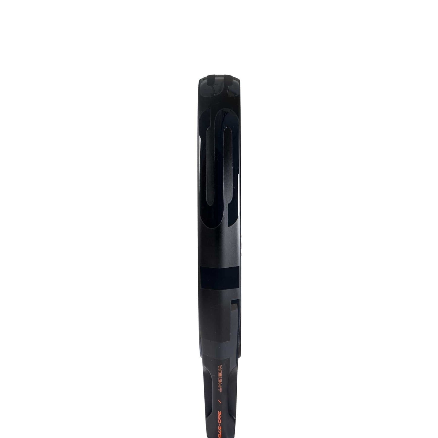Close-up of the adidas ADIDAS Cross It 3.4 Padel Racket's black Carbon 15K face edge against a white background, showcasing design details and string holes—ideal for aggressive players who demand precision.
