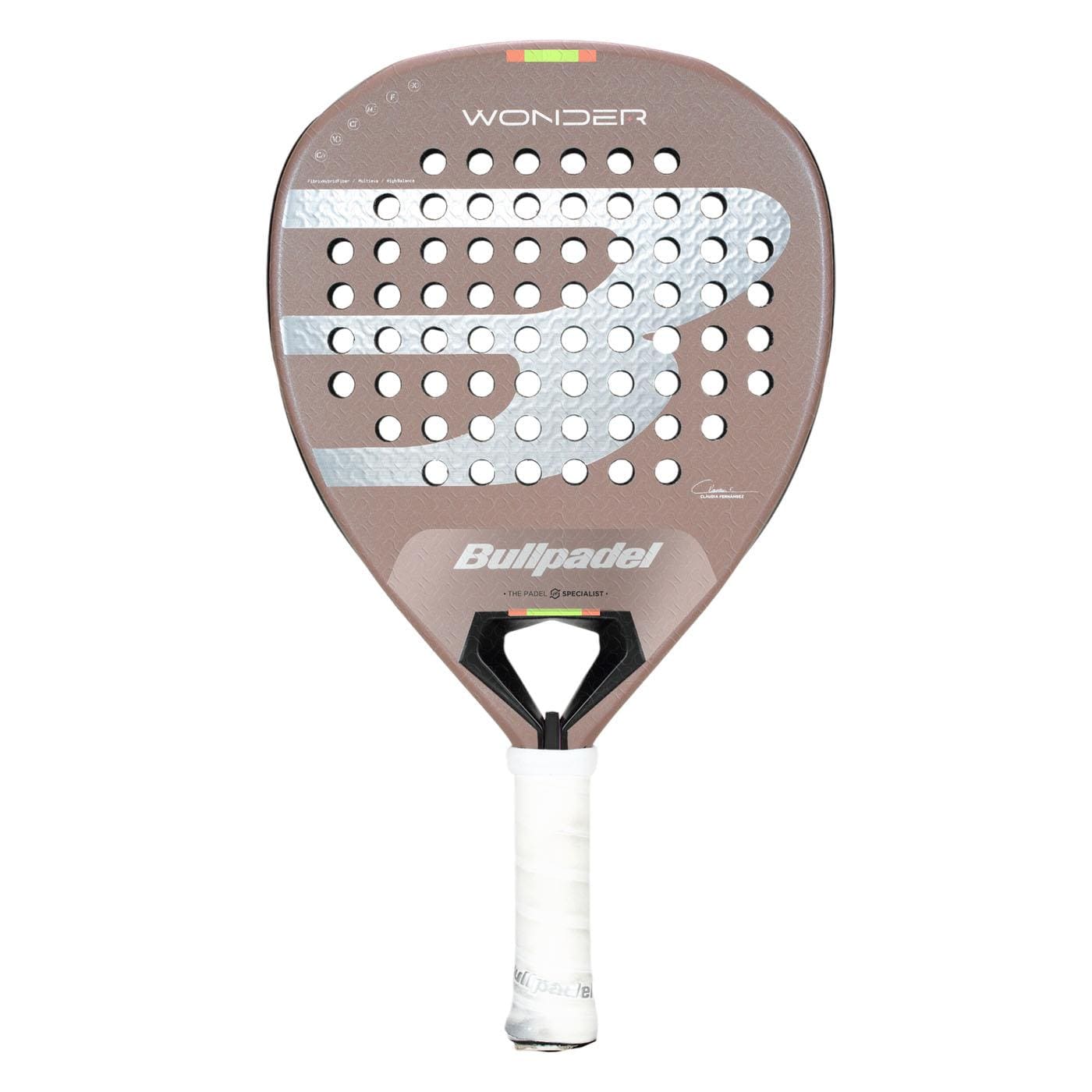 The Bullpadel Wonder 2026 Padel Racket features a brown design with a large silver "B" logo, Hyper Core technology, round holes on the face, and a white grip-taped handle. The name and model appear printed on its face.
