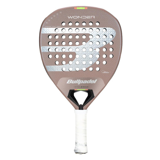 The Bullpadel Wonder 2026 Padel Racket features a brown design with a large silver "B" logo, Hyper Core technology, round holes on the face, and a white grip-taped handle. The name and model appear printed on its face.