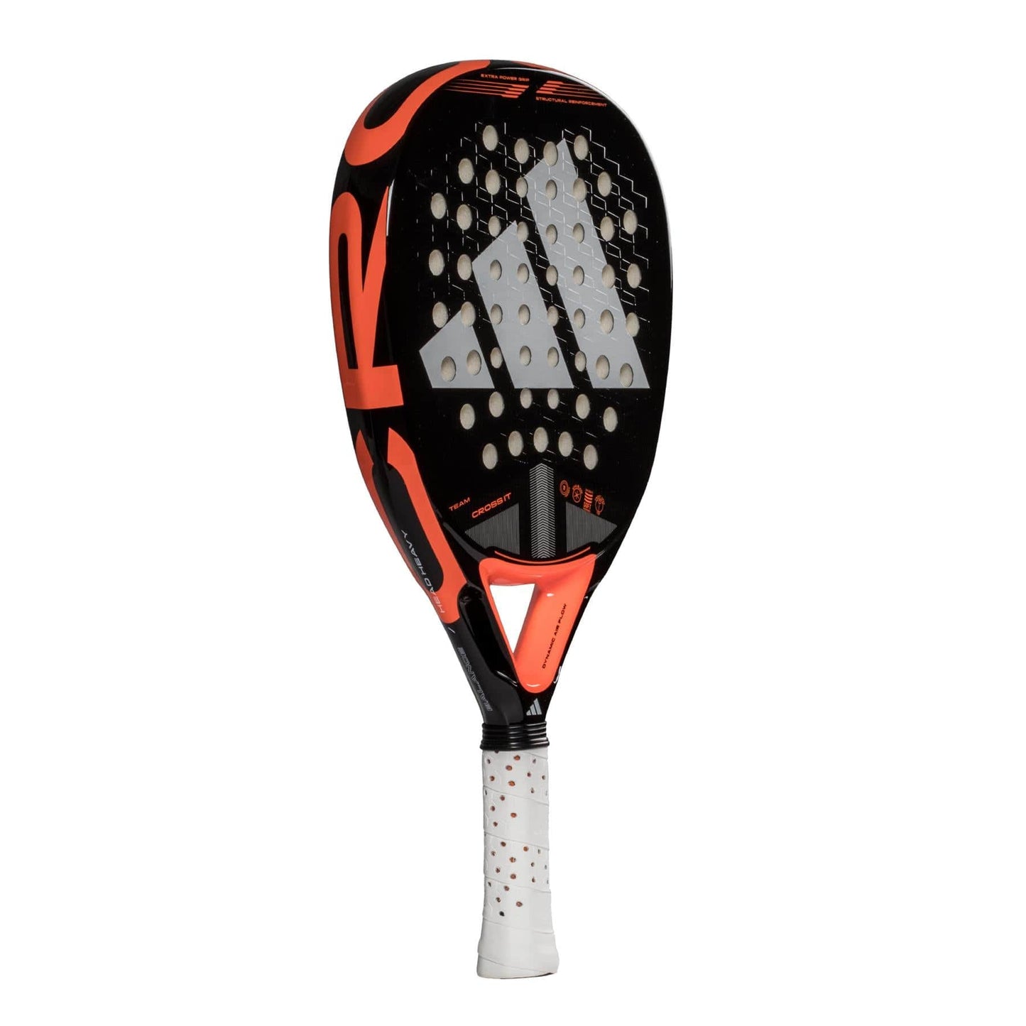 The adidas Cross It Team 3.4 Padel Racket is a black and orange advanced racket featuring a white perforated grip, honeycomb pattern, and multiple face holes for improved power and control.