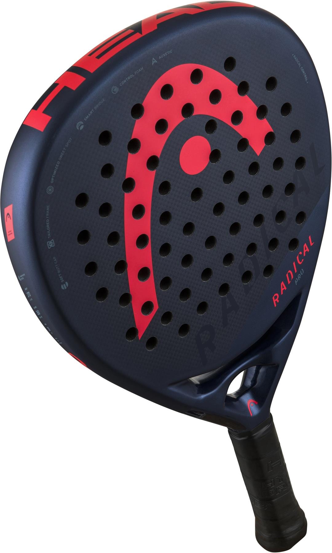 The HEAD Radical Pro 2024 Padel Racket by HEAD is dark blue with red accents, a large red HEAD logo, Auxetic technology, a perforated surface, and a black grip handle.