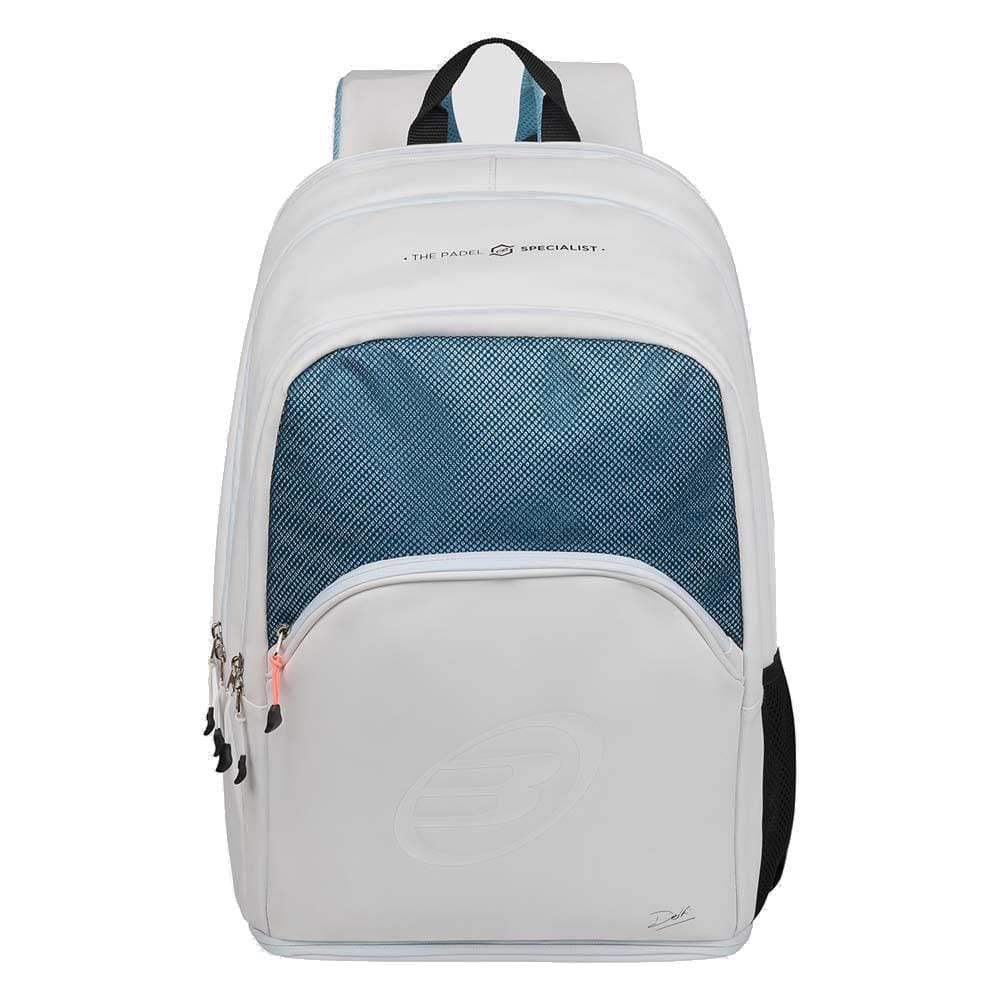 The Bullpadel BPM26009 Vertex W Padel Backpack in white by Bullpadel features a spacious blue mesh front pocket, multiple zippered compartments, black handle, and side mesh pockets—ideal for padel fans. Displayed on a white background.