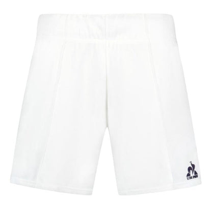 These Le Coq Sportif Pro Men's Padel Shorts in Optical White are crafted from breathable material and feature a dark blue logo on the lower left side. With a simple design and an elastic waistband, these shorts provide both comfort and style against a clean white background.
