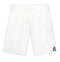 These Le Coq Sportif Pro Men's Padel Shorts in Optical White are crafted from breathable material and feature a dark blue logo on the lower left side. With a simple design and an elastic waistband, these shorts provide both comfort and style against a clean white background.