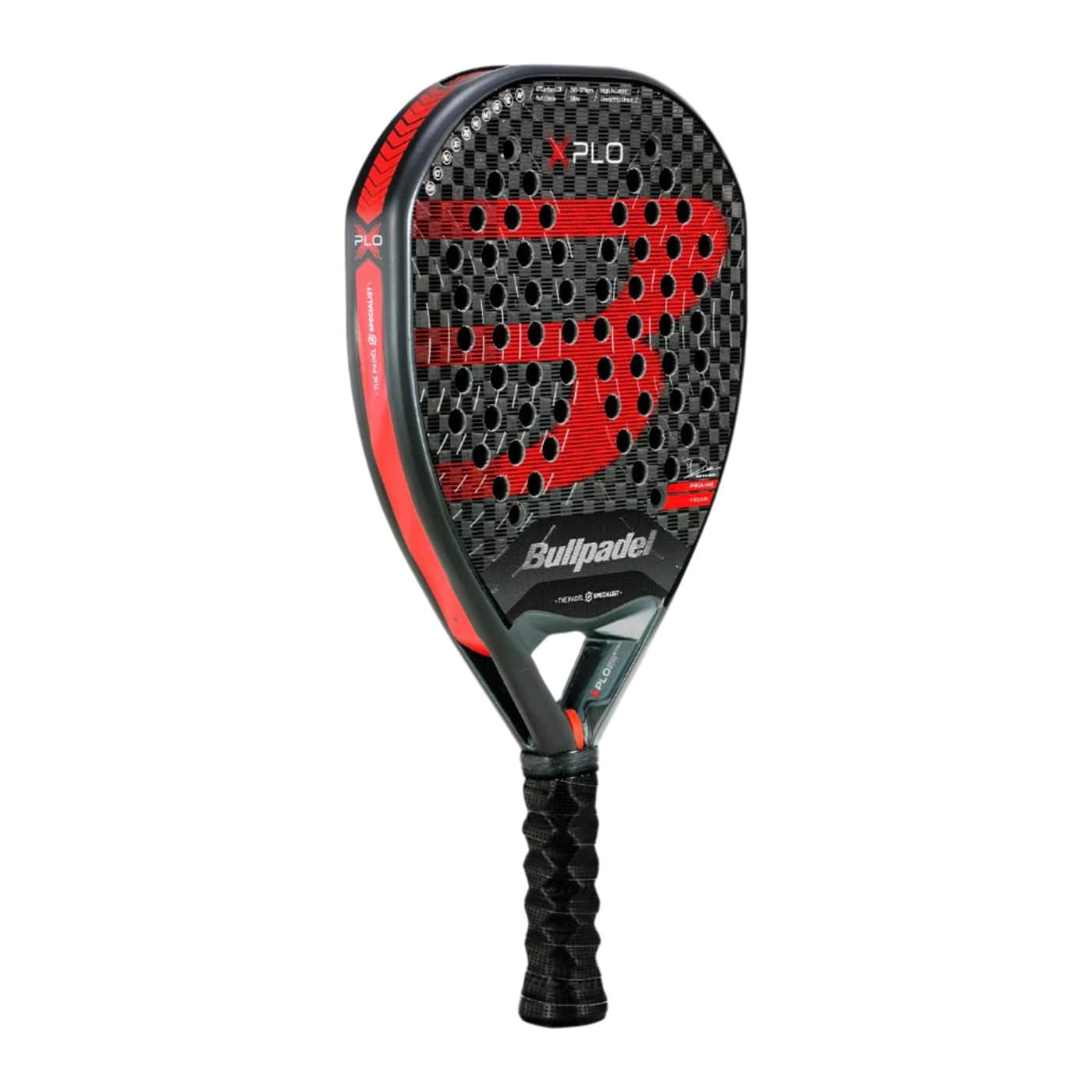 The Bullpadel Xplo 2025 Padel Racket by Bullpadel features a textured carbon fiber surface, bold “BP” logo, and a black grip in black and red colors, shown on a white background.