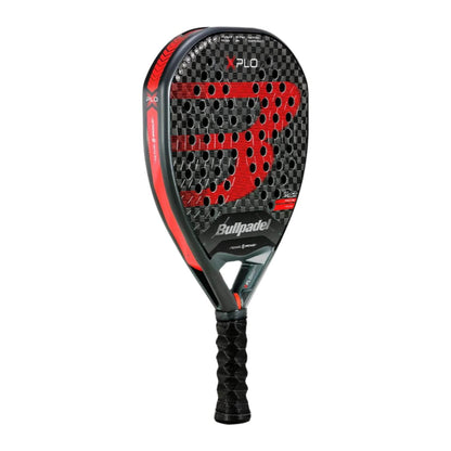 The Bullpadel Xplo 2025 Padel Racket by Bullpadel features a textured carbon fiber surface, bold “BP” logo, and a black grip in black and red colors, shown on a white background.