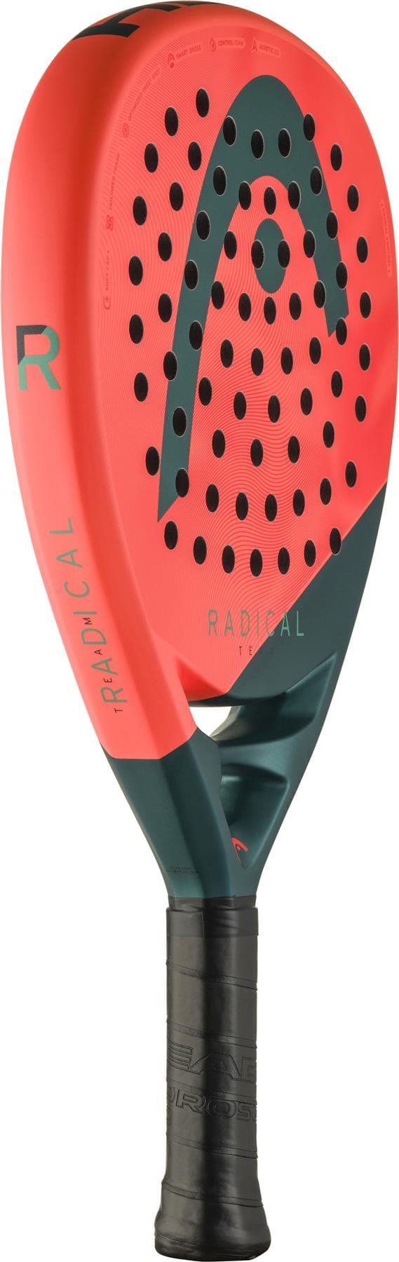 The HEAD Radical Team 2026 Padel Racket by HEAD is red and dark green with black perforations, "Radical" on the head, a black grip, and is ideal for intermediate to advanced players.
