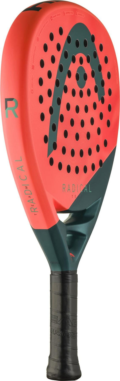 The HEAD Radical Team 2026 Padel Racket by HEAD is red and dark green with black perforations, "Radical" on the head, a black grip, and is ideal for intermediate to advanced players.