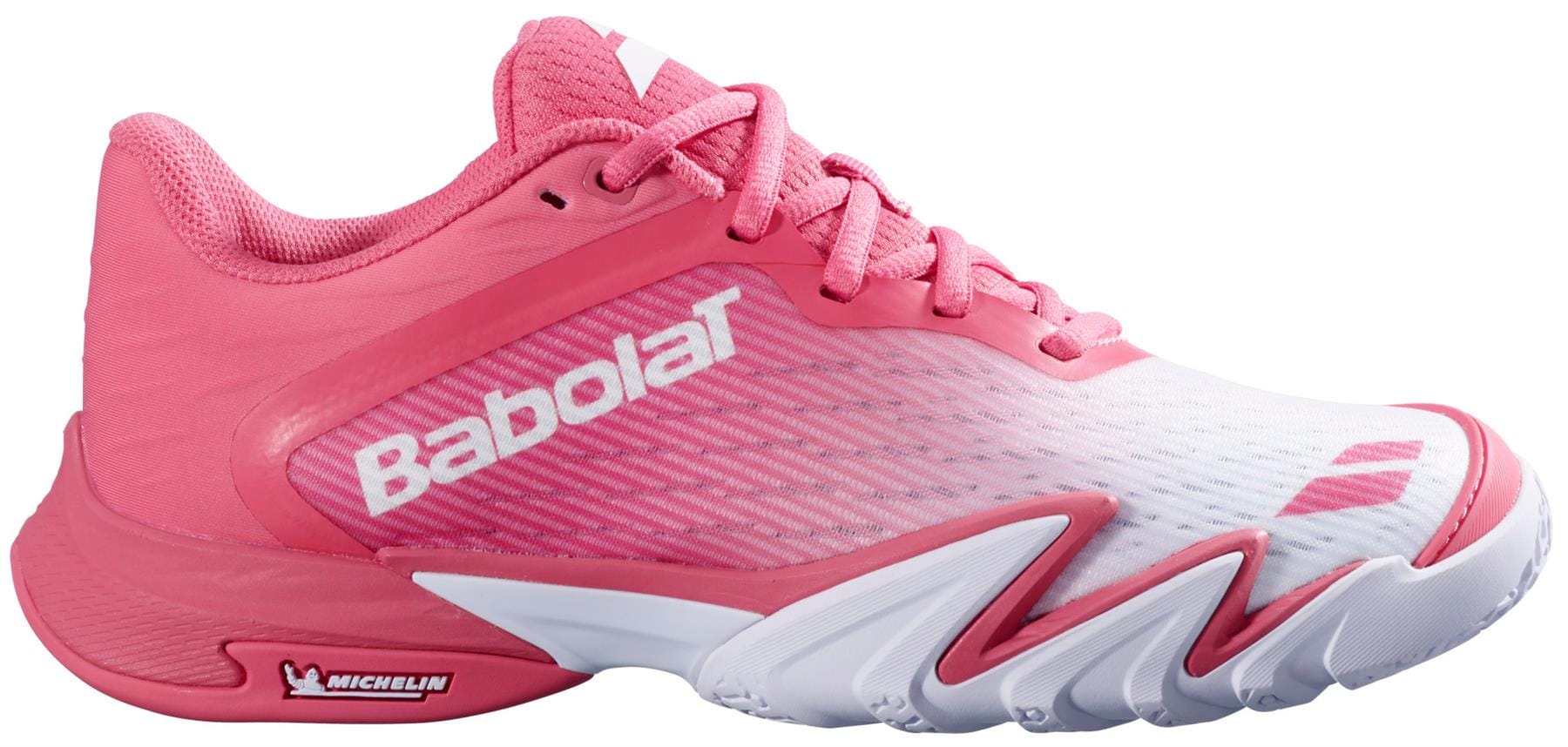 The Babolat Premura 3 Women's Padel Shoes in Sun Kissed Coral feature a pink and white design with pink laces, a white sole displaying the Michelin logo, and the Babolat logo near the heel and toe.
